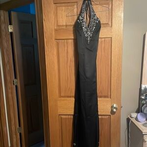 Black Sleeveless Halter Gown with Silver Embellishments